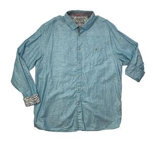 Ted Baker Shirt Mens 7 Aqua Blue Linen Blend Tab Sleev Flip Cuff Long Sleeve Top